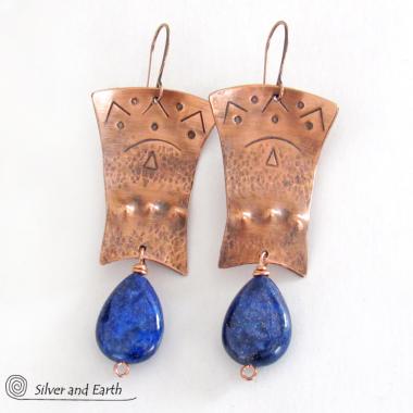 Hammered Silver, Lapis, Copper Earrings (A) orders